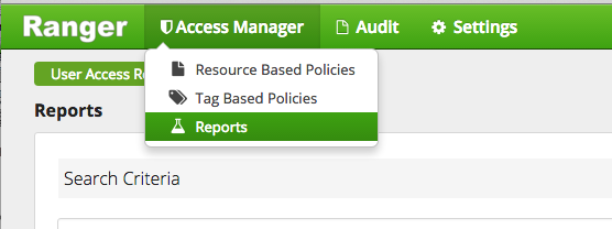Shows Ranger > Access Manager menu expanded with Reports highlighted.
