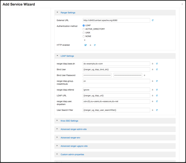 This portion of the Add Service Wizard shows the LDAP authentication settings.